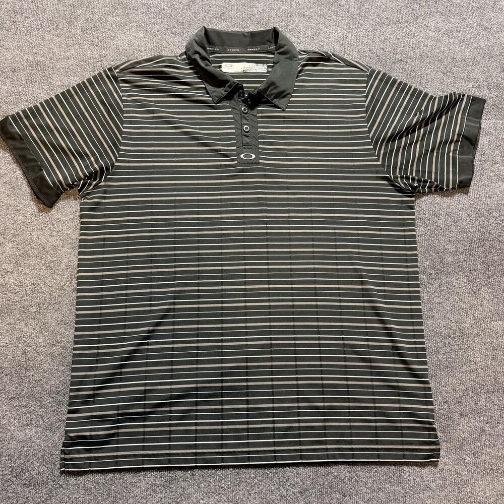 Oakley Polo Shirt Mens 2XL Black Striped Short Sleeve Golf Performance Athletic
